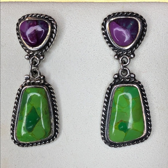 BARSE Sterling Silver Purple and Green Turquoise Cabochon Drop Earrings - Picture 1 of 14